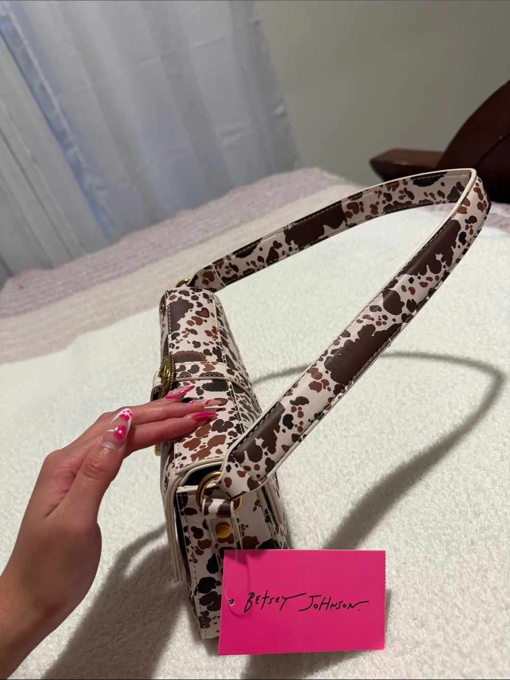 Betsey Johnson Brown and White Cow Print Studded Shoulder Bag